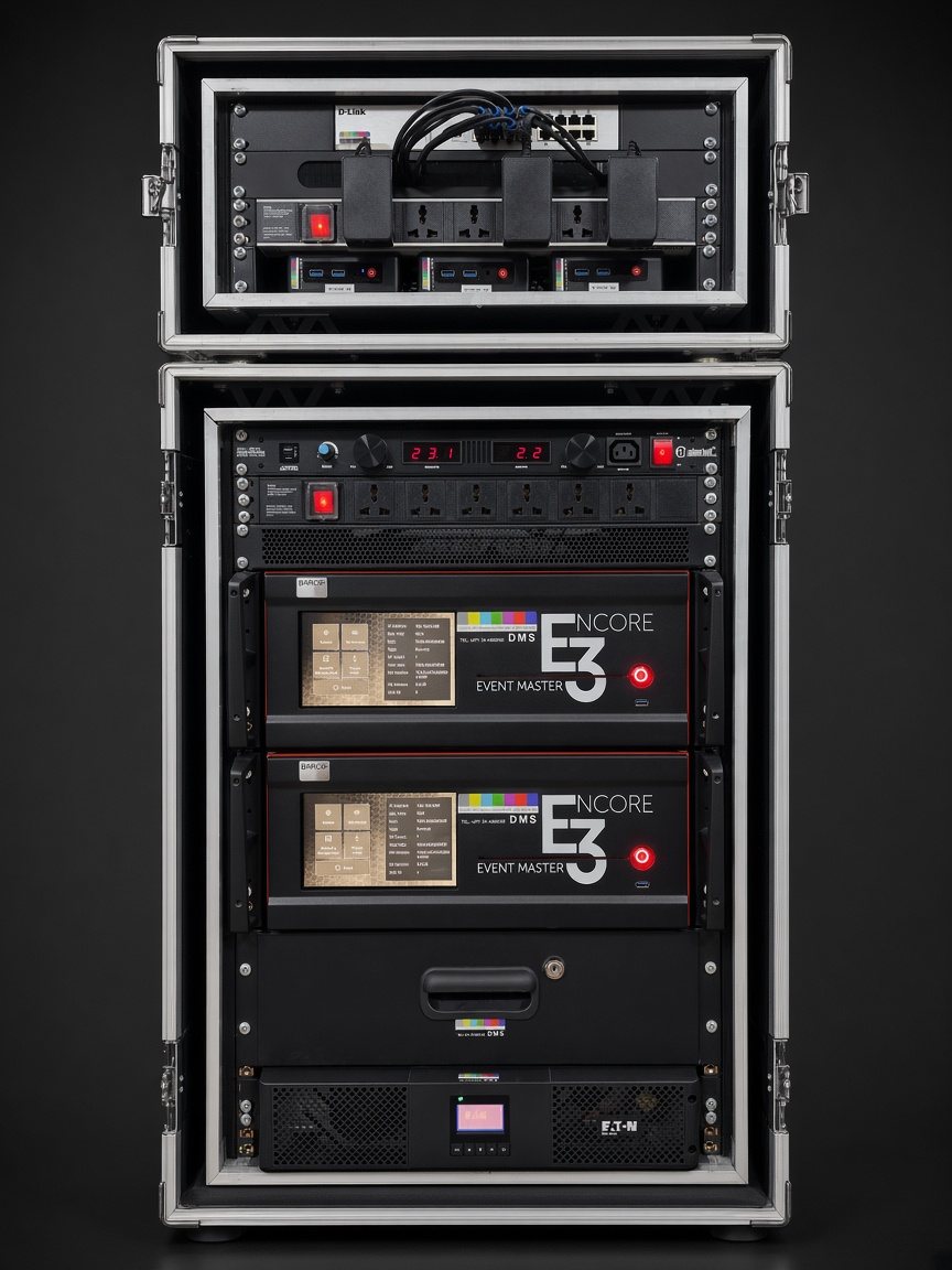 DMS show control flight-case rack with two DMS-branded Barco Encore 3 Event Master units, network switch, power distribution and an Eaton UPS